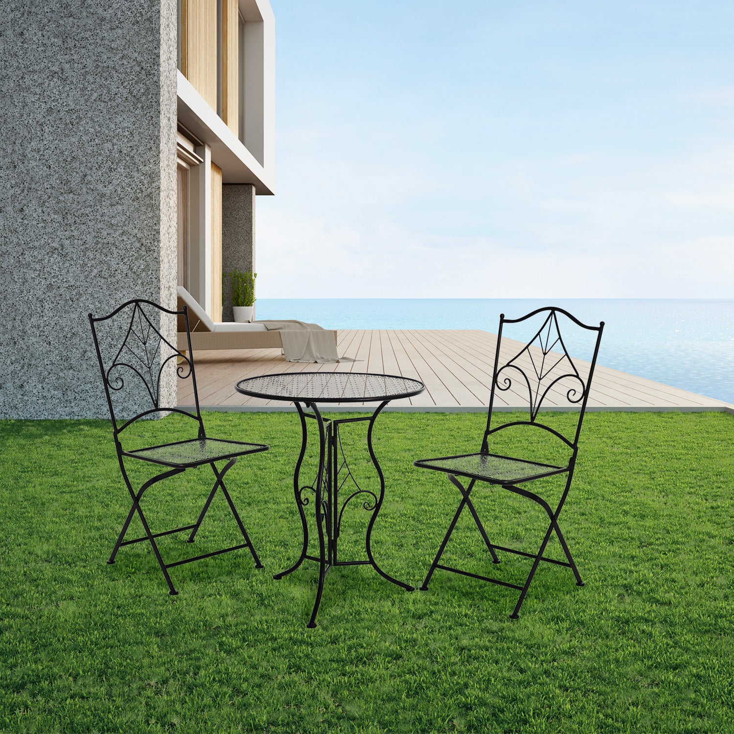 VESTIAMO CASA GIARDINO - Set giardino Bistrot tavolo rotondo 60 cm e 2 sedie pieghevoli in metallo Nero Stile Liberty
